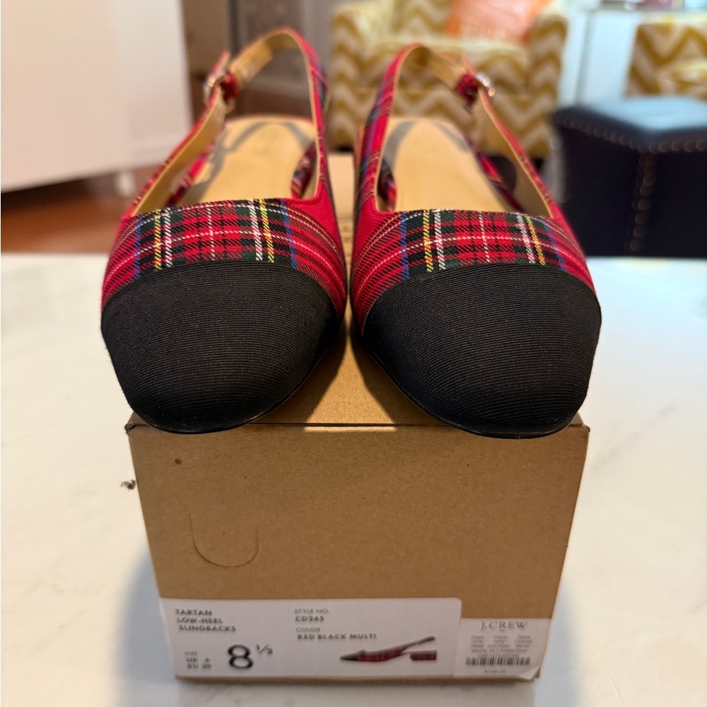 NWT J. Crew Tartan Red and Black Slingback Flats Size 8.5